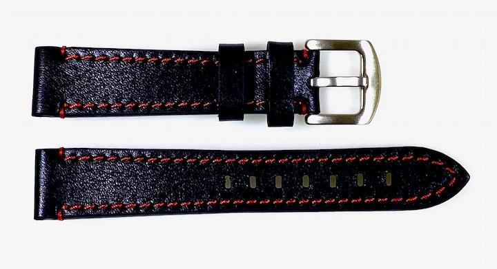 20mm Vostok, Armband AVIATOR, Kalbsleder, schwarz, rot gesteppt (LD20-08)