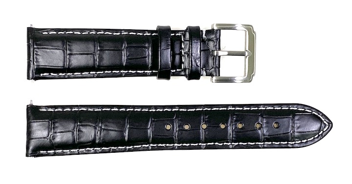 22mm VOSTOK Lederarmband, schwarz, weiß gesteppt (LD22-14)