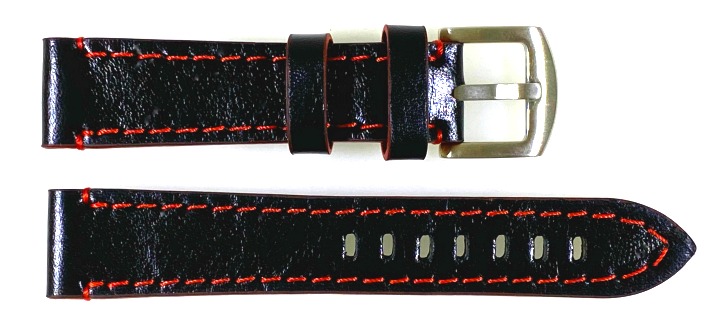 20mm Vostok, Armband AVIATOR, Kalbsleder, schwarz, rot gesteppt (LD20-05)