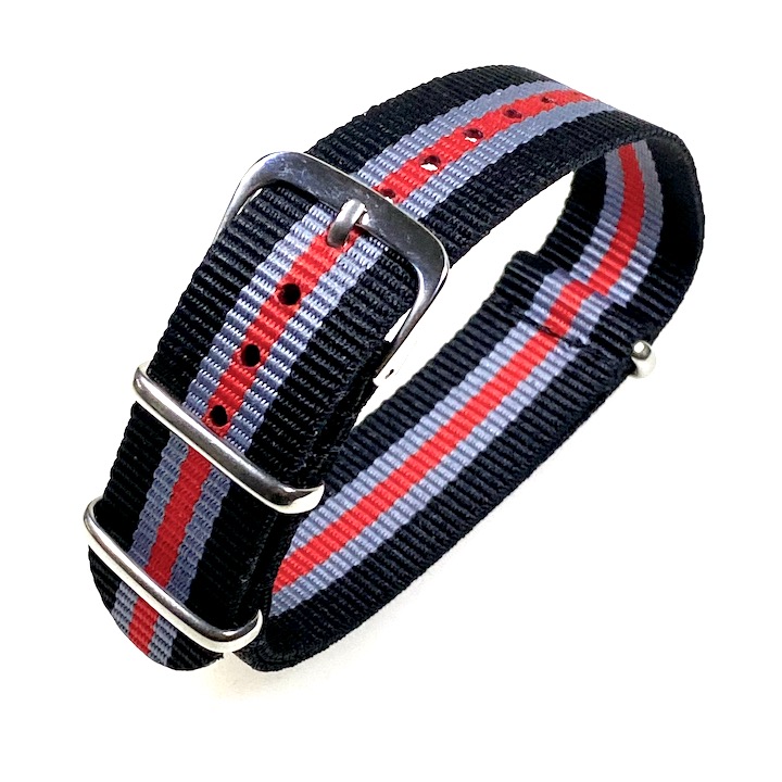VOSTOK 20mm NATO Armband, Nylon, schwarz mit grauen und roten Streifen (NATO20-05)