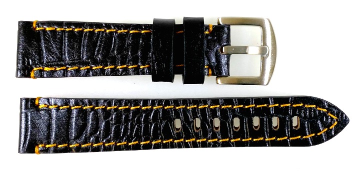 20mm Vostok, Armband AVIATOR, Kalbsleder, Krokolederimitat, schwarz, orange gesteppt (LD20-10)