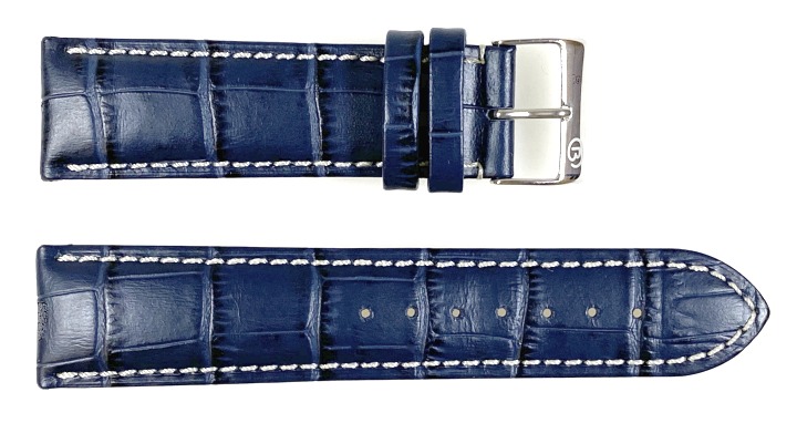 22mm originales VOSTOK Lederarmband, blau, weiß gesteppt (LD22-01)